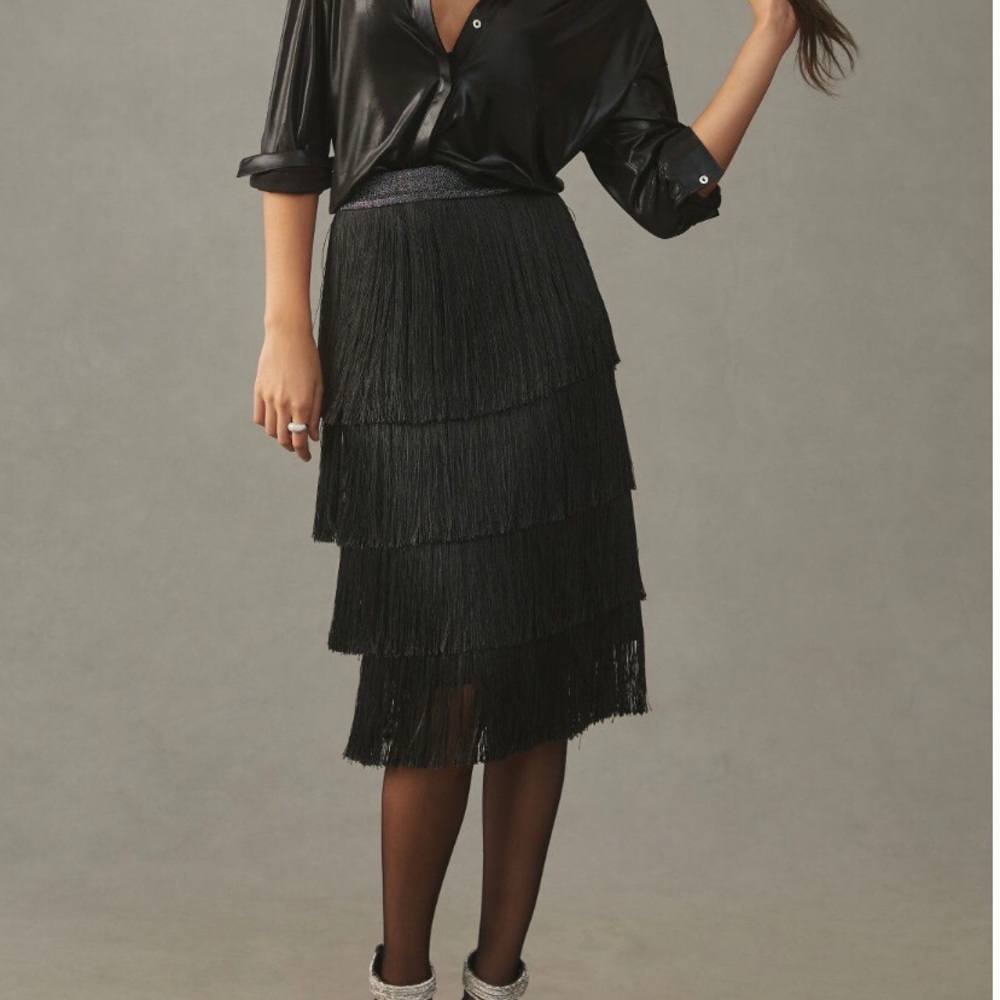 Mare Mare Black Tiered Fringe Glitter Elastic Waist Midi Skirt XXS